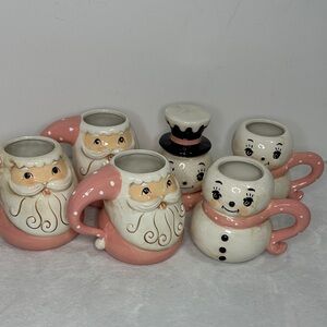 Johanna Parker Santa and Snowman Ceramic Mug Set Pastel Pink Lot of 6